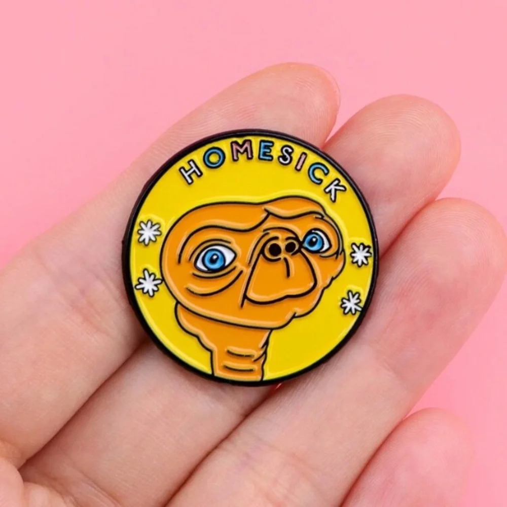 Brown yellow ET Homesick enamel lapel brooch pin clothes backpack hat bag denim